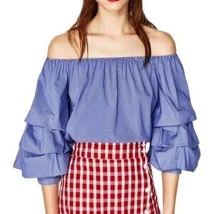 Zara Woman Blue Striped Puff Sleeves Off Shoulder Top
